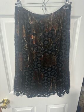 Black Floral Velvet Burnout Midi Skirt with Lace Hem